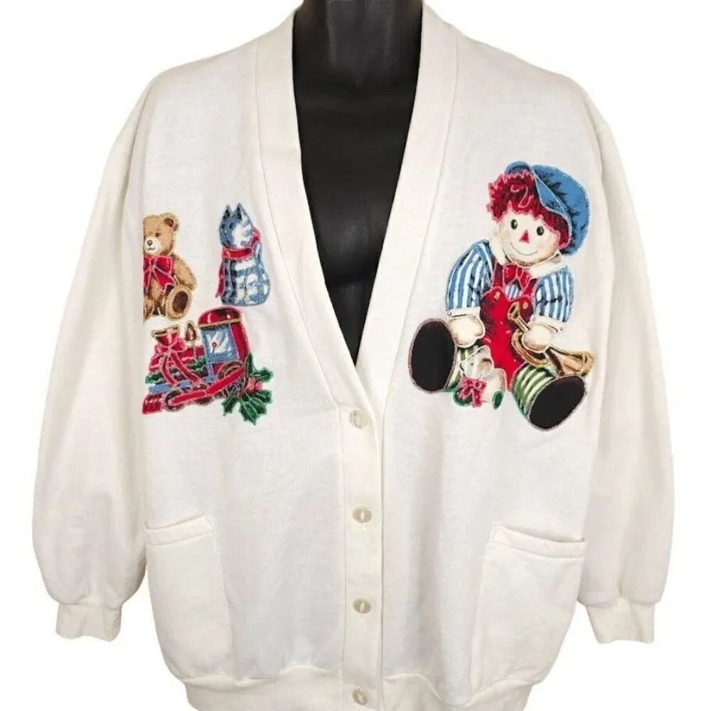 Vintage Raggedy Andy Christmas Cardigan Sweatshirt Womens Size XL Made In USA